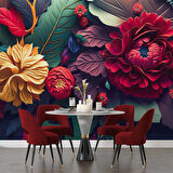 3 Boyutlu Kırmızı Turuncu Çiçek Desenli Duvar Kağıdı