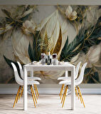 3 Boyutlu Beyaz Çiçek ve Altın Görünümlü Duvar Kağıdı