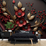 Siyah Temalı Kırmızı Çiçek ve Altın Desenli Duvar Kağıdı