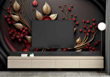 Siyah Temalı Kırmızı Çiçek ve Altın Desenli Duvar Kağıdı