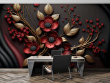 Siyah Temalı Kırmızı Çiçek ve Altın Desenli Duvar Kağıdı