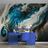 3 Boyutlu Lacivert Yağlıboya Desenli Duvar Kağıdı