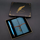 Metal Kalem ve Mavi Deri Defter