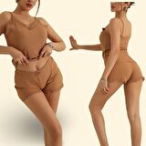 Dantel Güpürlü Fistolu Şortlu Pijama Takım Kahve