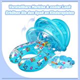 2 Kişilik 0-3 Yaş Turkuaz Gölgelikli Bebek Deniz Simidi, Tenteli Şişme Bebek Yüzme Simidi