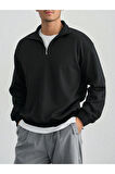 Erkek Bej Yarım Fermuarlı Oversize Polo Yaka Sweatshirt