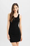 DeFacto Coool Bodycon Vücudu Saran Basic Düz Fitilli Kaşkorse Kolsuz Mini Elbise A0732AX24SMBK81