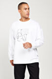 Erkek Beyaz Oversize Bol Kesim Bisiklet Yaka Baskılı Rahat Sweatshirt