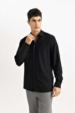 DeFacto Modern Fit Polo Yaka Basic Düz Krinkıl Uzun Kollu Siyah Gömlek B7384AX24SPBK27