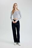DeFacto Slim Fit Dar Kesim Çizgili Açık Omuz Triko Kazak B7573AX24SPNV31