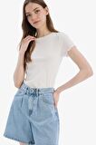 Fitted Bisiklet Yaka Basic Düz Fitilli Kaşkorse Kısa Kollu Tişört