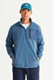 Erkek Indigo Oversize Bol Kesim Bato Yaka Cep Detaylı Fermuarlı Isı Tutan Polar Sweatshirt