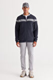 Erkek Indigo Melanj Oversize Fit Bol Kesim Içi Polarlı 3 Iplik Kolej Yaka Pamuklu Sweatshirt Ceket