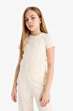 DeFacto Kız Çocuk Slim Fit Dar Kesim Bisiklet Yaka Basic Düz Ribana Kısa Kollu Tişört C0104A825SMER98