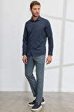 Erkek Lacivert Slim Fit Dar Kesim Italyan Yaka Armürlü Gömlek