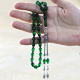  925 Ayar Gümüş Çift Püsküllü Arpa Kesim Zümrüt Yeşil Ateş Kehribar Tesbih 