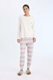DeFacto Pijama Takımı Regular Fit Uzun Kollu Üst Kareli Uzun Alt-Fall in Love D2263AX24WNBG78