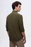Slim Fit Haki Düğmeli Yaka %100 Pamuk Yazlık Flamlı Keten Görünümlü Gömlek 6HC02ORT63265