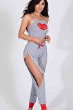 Merry See Özel Tasarım Dantel Kalp Tasarımlı Pijama Takım Gri