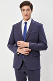 Erkek Lacivert Slim Fit Dar Kesim Kırlangıç Yaka Çizgili Yünlü Takım Elbise