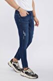 Erkek Lacivert Bilek Boy Yırtık Skinny Fit Jean Pantolon