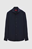 Ds Damat Slim Fit Lacivert İtalyan Yaka Armürlü Gömlek 2HF02ORT3185 2HF02ORT3185