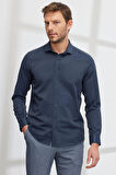Erkek Lacivert Slim Fit Dar Kesim Italyan Yaka Armürlü Gömlek