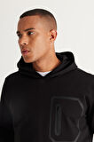 Erkek Siyah Standart Fit Normal Kesim Kapüşonlu Pamuklu Sweatshirt