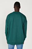 Erkek Koyu Yeşil Oversize Bol Kesim 3 Iplik Bisiklet Yaka Pamuklu Sweatshirt