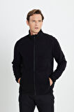 Erkek Siyah Anti-pilling Tüylenme Yapmayan Standart Fit Bato Yaka Sweatshirt Polar Ceket
