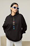 Tasarım Gezegenler Baskılı Unisex Oversize Hoodie