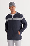 Erkek Indigo Melanj Oversize Fit Bol Kesim Içi Polarlı 3 Iplik Kolej Yaka Pamuklu Sweatshirt Ceket