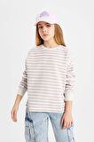 DeFacto Kız Çocuk Relax Fit Bisiklet Yaka Çizgili Sweatshirt B7378A824SPPN426