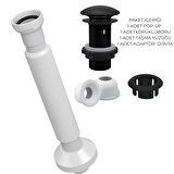 Mat Siyah Pop-Up Lavabo Gider Seti | Porselen Başlık + Körüklü Boru + Taşma Yüzüğü + Adaptör Conta