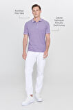 Erkek Çekmeyen Pamuklu Kumaş Slim Fit Dar Kesim Mor-Beyaz Kıvrılmaz Polo Yaka Tişört