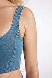 DeFacto Kalın Askılı Fermuarlı Crop Korse Jean Bluz C3335AX24HSNM39
