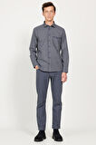 Erkek Lacivert-Gri Slim Fit Dar Kesim Klasik Yaka Kareli Gömlek
