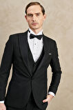 Erkek Siyah Slim Fit Dar Kesim Kırlangıç Yaka Desenli Klasik Smokin Takım