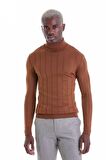 Kahverengi Regular Fit Desenli Balıkçı Yaka Yün Triko Kazak | M