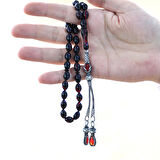 Tesbihane 1000 Ayar Gümüş Kazaz Püsküllü Arpa Kesim Kırmızı-Siyah Ateş Kehribar Tesbih