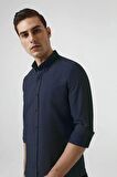 Ds Damat Slim Fit Lacivert Armürlü Düğmeli Yaka Pamuklu Gömlek 5HC02ORT07265 5HC02ORT07265