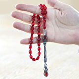 1000 Ayar Gümüş Kazaz Püsküllü Arpa Kesim Bayrak Kırmızı Ateş Kehribar Tesbih