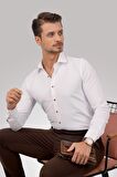 Beyaz Kahve Düğmeli Slimfit Gömlek
