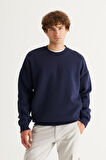 Erkek Lacivert Oversize Fit Bol Kesim Pamuklu Içi Polarlı 3 Iplik Bisiklet Yaka Sweatshirt