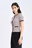 Slim Fit Dar Kesim Bisiklet Yaka Çizgili Smart Fitilli Kaşkorse Kısa Kollu Tişört