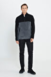 Erkek Siyah-Açık Melanj Anti-Pilling Tüylenme Yapmayan Standart Fit Dik Yaka Polar Sweatshirt