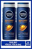 NIVEA MEN Erkek Canlandırıcı Banyo ve Duş Jeli Sports 500ml, Vücut Yüz Saç, Yenileyici Mineraller, X2 Adet