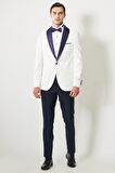Erkek Beyaz-lacivert Slim Fit Dar Kesim Mono Yaka Desenli Klasik Smokin Takım