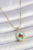 316L Çelik Gold Renk Zincir Turkuaz Mineli İncili Çiçek İşlemeli Portre Model Kadın Kolye