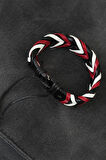 Bordo Beyaz Siyah Örgü Deri Erkek Bileklik